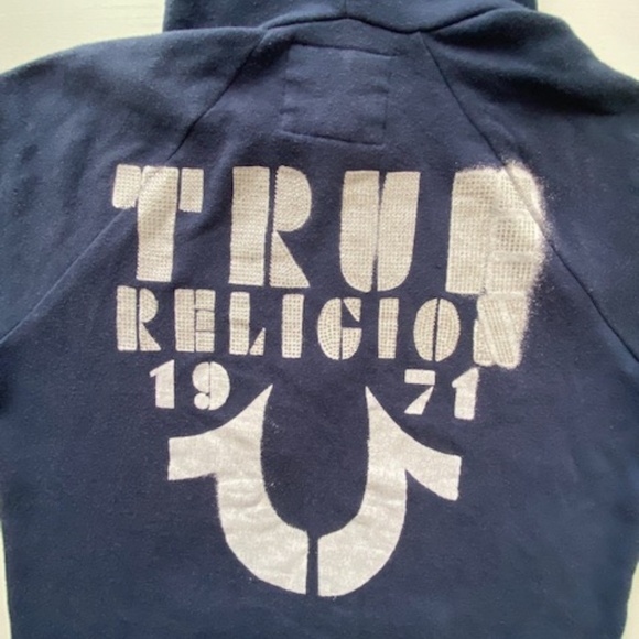 True Religion Y2K Branded Stencil Raglan Hoodie Navy Blue Bling Logo Size L - Picture 6 of 14